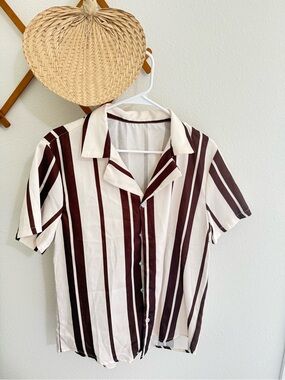 SHEIN White and Dark Brown Vertical Stripe Short Sleeve Button Down Shirt